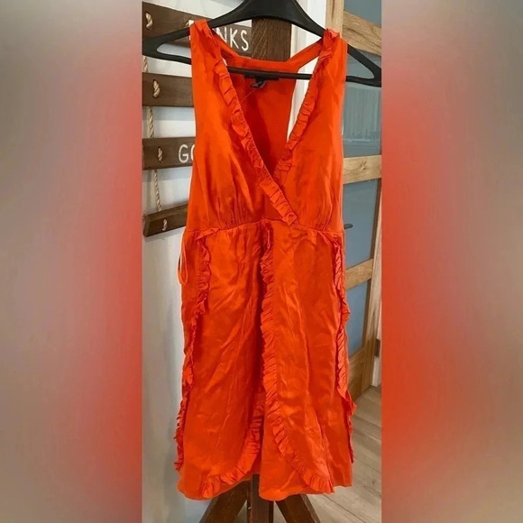 INC 100% Silk‎ Burt Orange Flamenco Ruffled V-Neck Halter Mini Dress 10 NEW - Picture 1 of 10